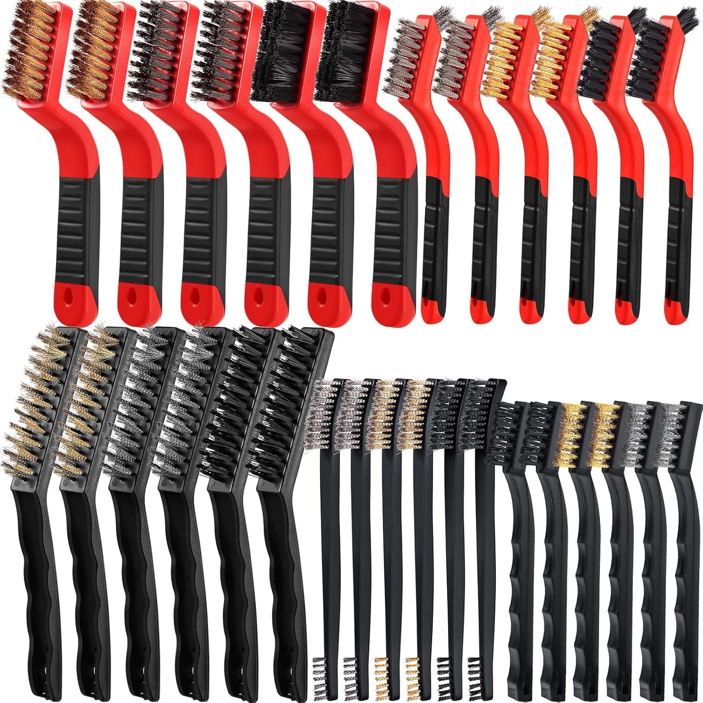 Sumind 30 Pcs Wire Cleaning Brush Set Nylon/ Stainless Steel/ Brass Metal Brush with Curved Handle Grip Paint Remover for Cleaning, Rust, Drill, Scrub, Grout Cleaner Tool (Red and Black)