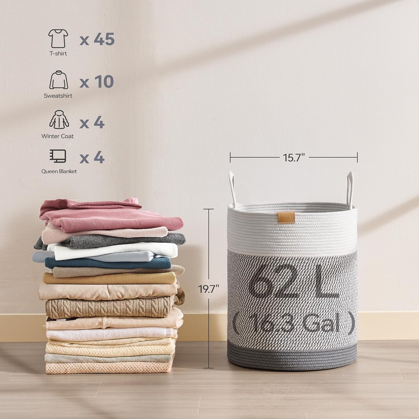 Laundry Hamper 62L,Large Laundry Basket for Clothes,Decorative Storage Basket for Blankets,Cotton Rope Woven basket for bedroom,Grey White