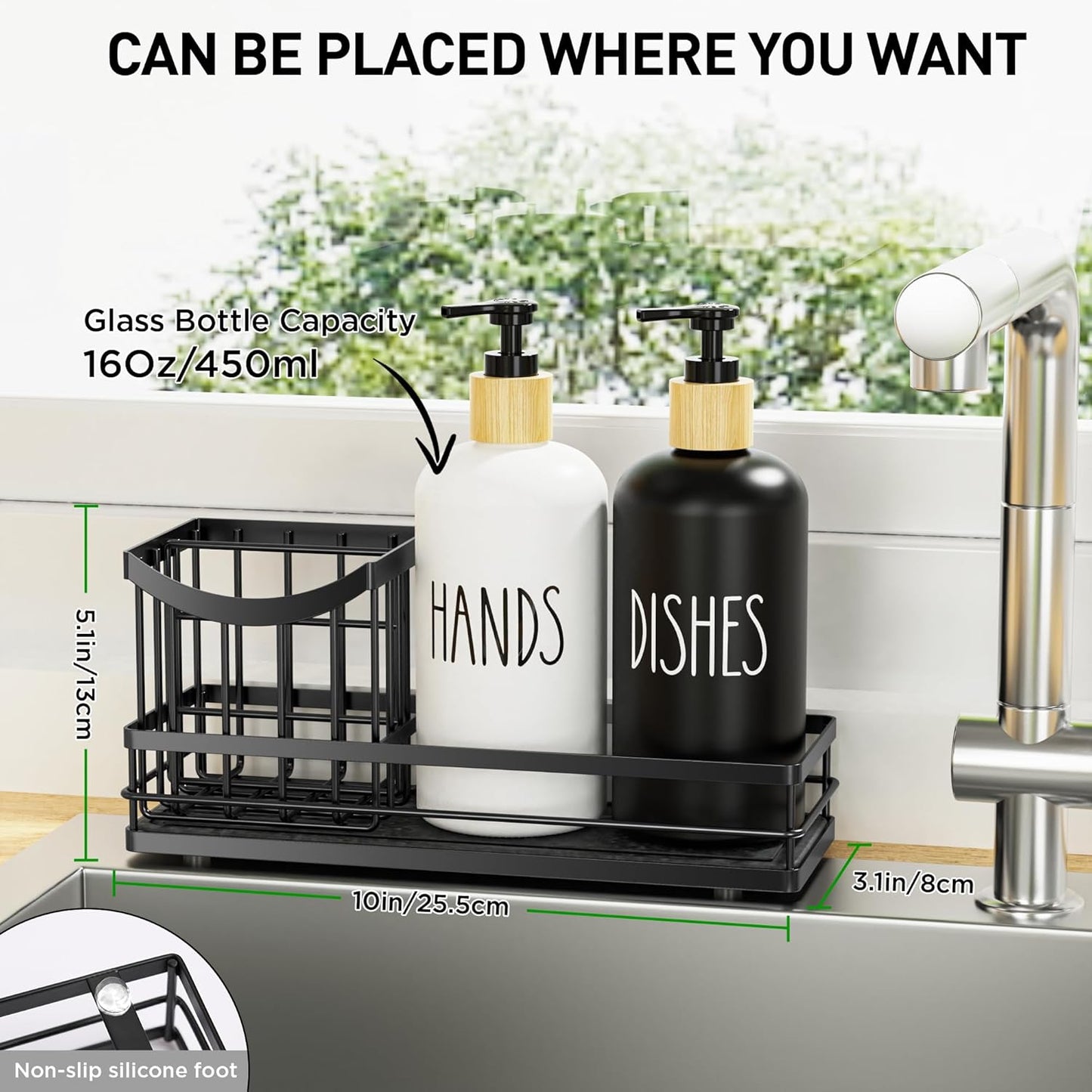 Moforoco Kitchen Dish Soap Dispenser Set, 16OZ Glass Bottle, Hand and Dish Soap Dispenser Set, Instant Dry Tray, Non-Slip Silicone Pad, Brush Holder with Sponge Holder, Kitchen Decor