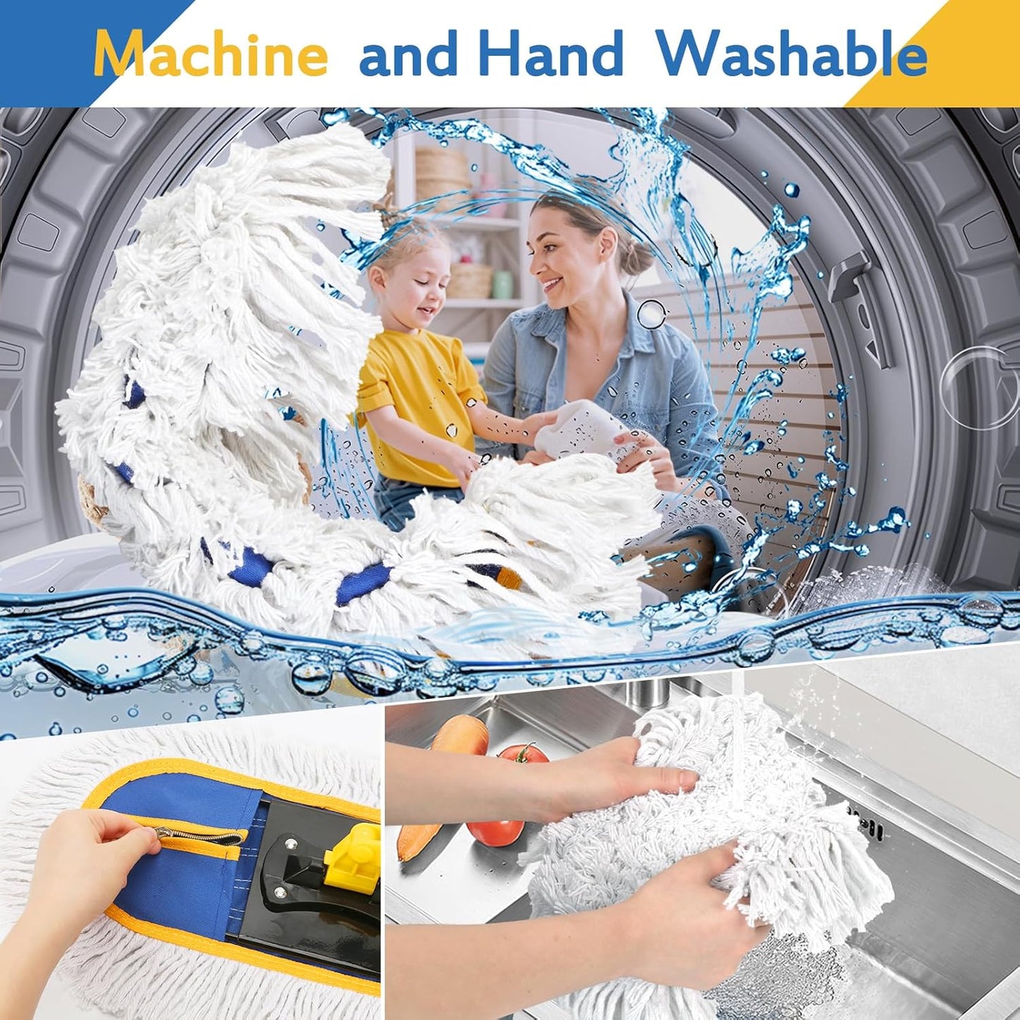 16 Inch Commercial Dust Mop for Floor Cleaning - Industrial Wet Dry Broom with 2 Washable Mops Pads for Hardwood Vinyl Laminate Floors Warehouse Courtyard Cleaning,Blue