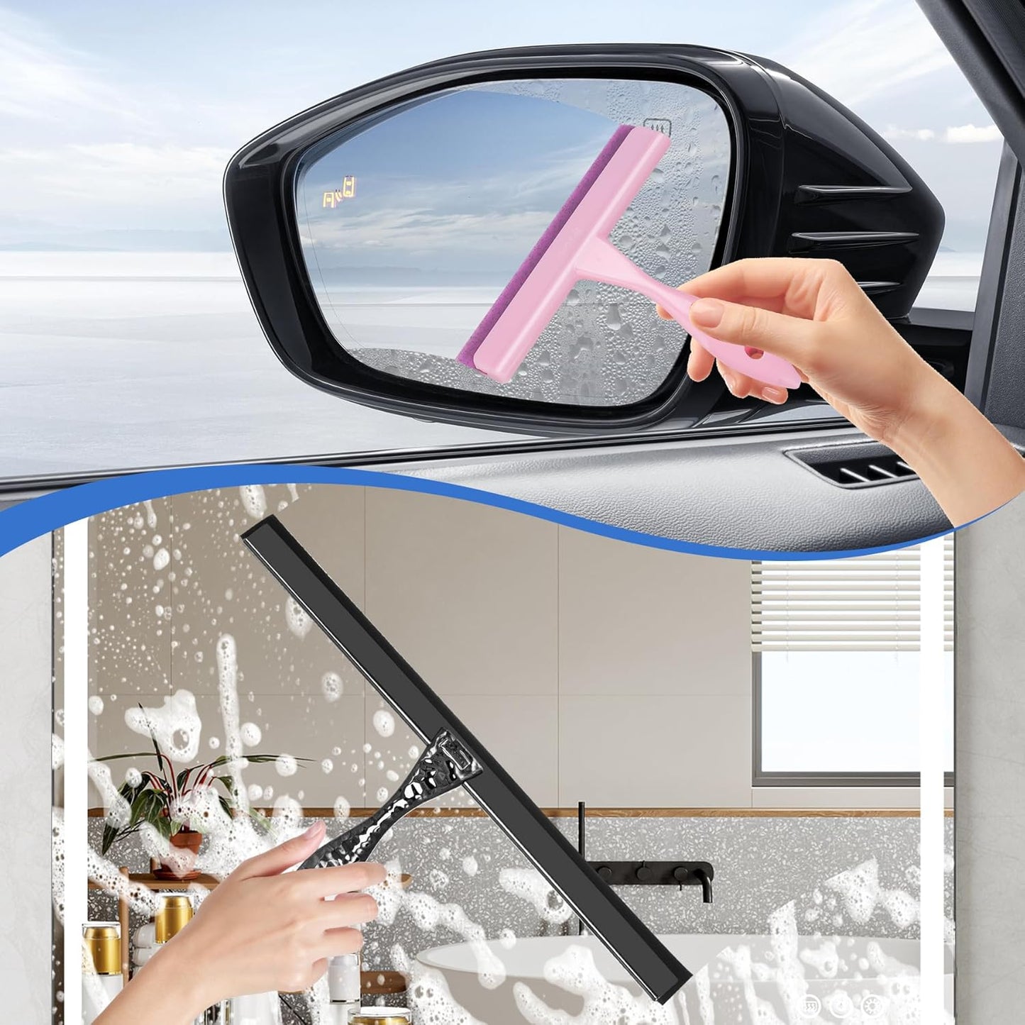 All-Purpose Silicone Shower Squeegee for Shower Glass Door,with 2 Hooks & Pink Mini Squeegee,for Bathroom Glass, Car, Tile Wall, Mirror Cleaning - Easy-Grip Handle 14 Inch Black