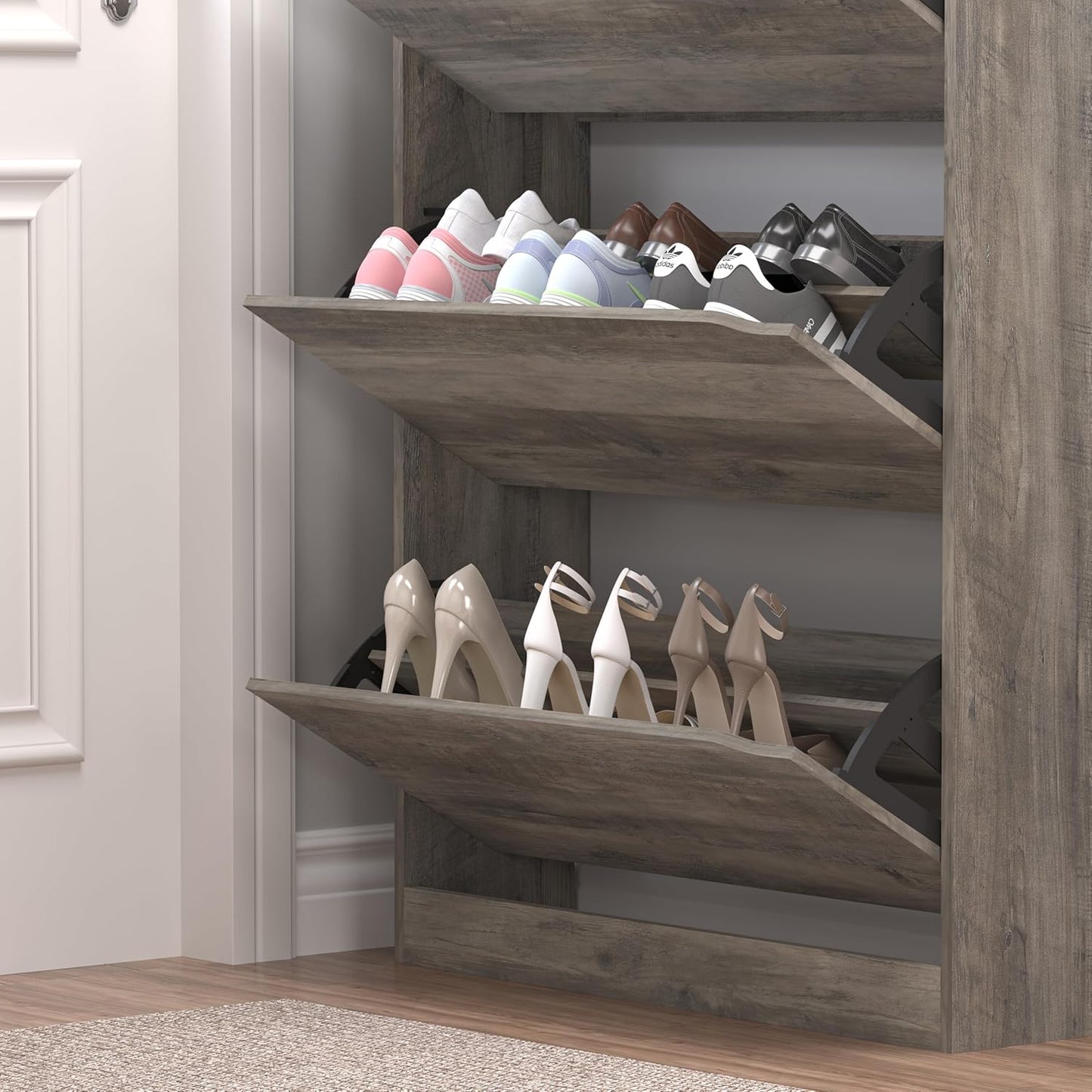 Shoe Cabinet with 3 Flip Drawers & Coat Rack, Narrow Hidden Shoe Storage Cabinet, 2-in-1 Hall Tree Slim Freestanding Shoe Rack Organizer for Entryway, Hallway, and Living Room