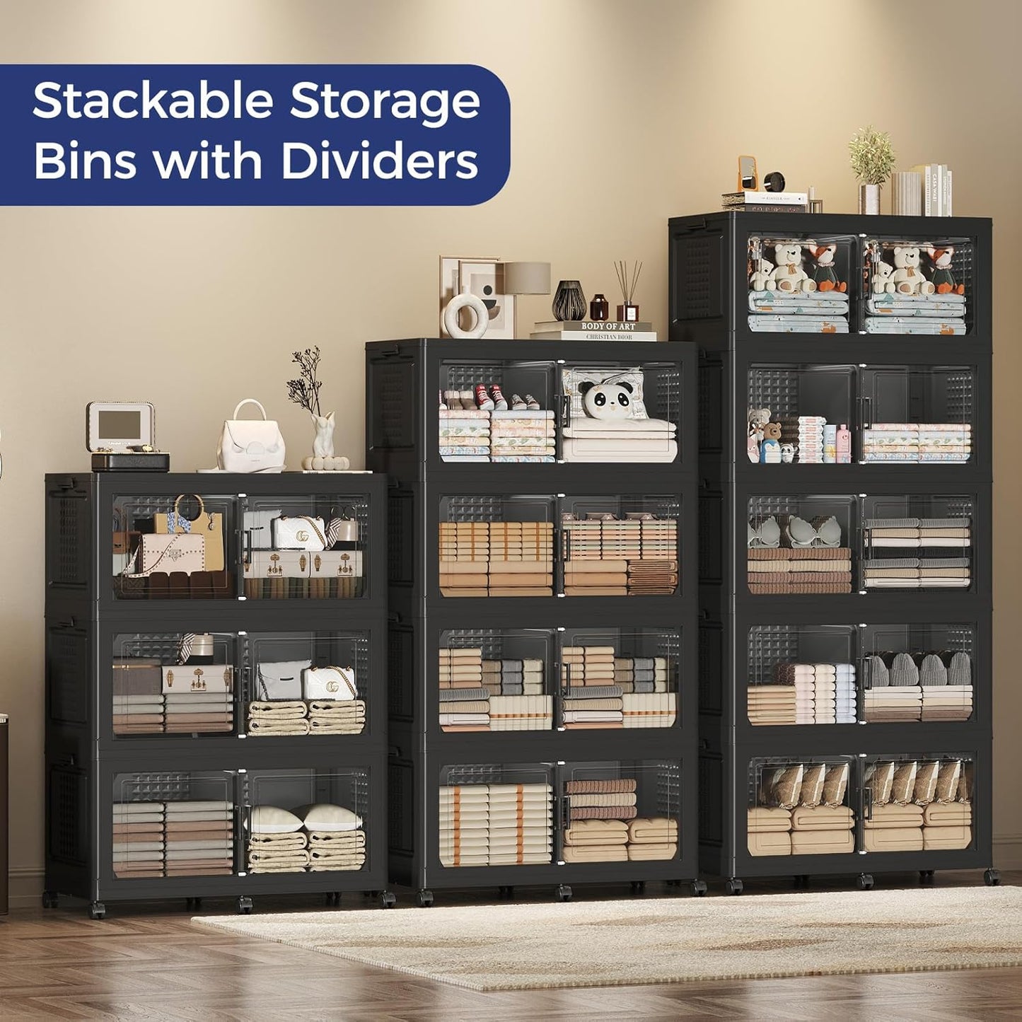 120GAL Extra Large Storage Bins with Lid, 480Qt Stackable Closet Organizers and Drawers, Collapsible Storage Bins with Wheels, Folding Storages Cabinet for Home Bedroom Office, 3Pack Black