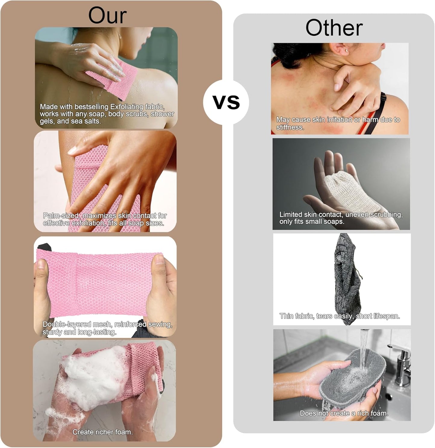 2 Pack Soap Bag Different Roughness Deep and Gentle,Bar Soap Pouch Saver Pocket,Body Scrubber Shower Sponge Loofah,Exfoliating Bath Sponge (Pink)