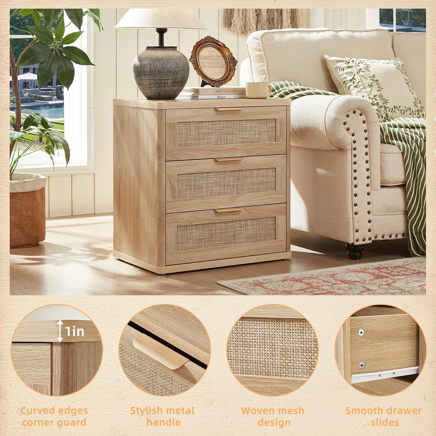 LEYAOYAO Rattan Night Stand Set of 2 with Drawers, 23" Large 3 Drawer Boho Nightstand, Natural Wood Bedside Table Storage Cabinet, Bed Side End Tables Dresser for Bedroom, Living Room, Hallway, Closet