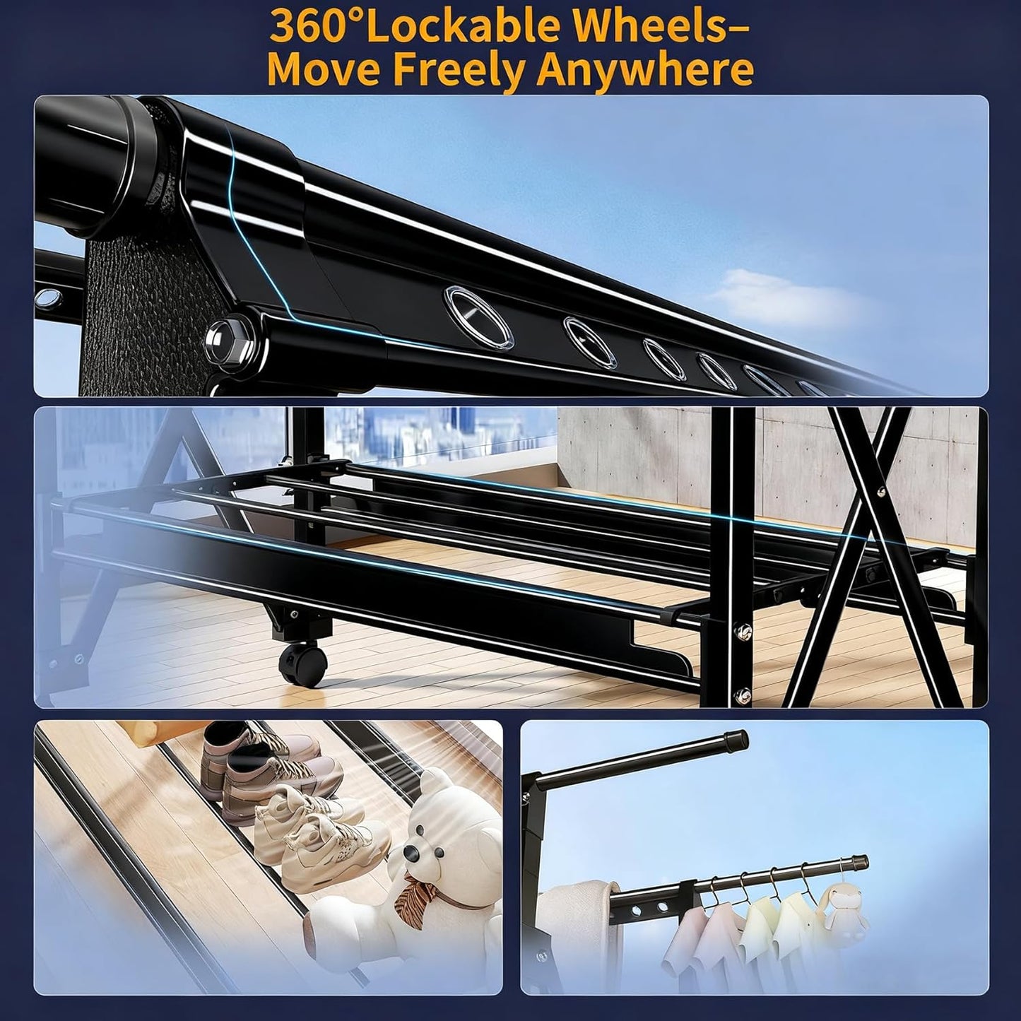 Heavy Duty Rolling Clothing Rack with Wheels, Portable Double Rod Metal Garment Rack, Clothes Drying Hanging Organizer for Closet, Laundry, Storage, Freestanding Adjustable Coat Hanger, Black