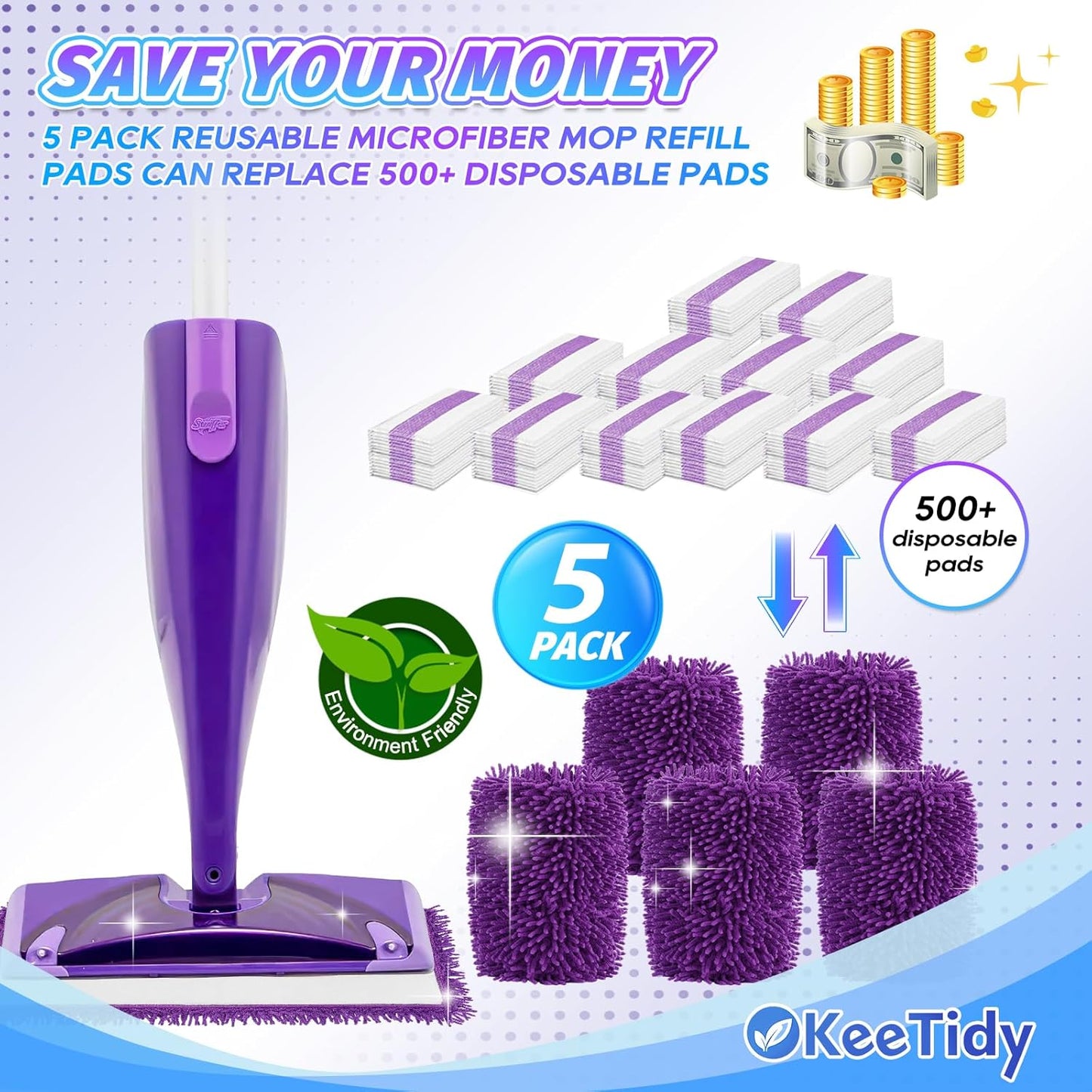 Reusable Mop Pads Compatible with Swiffer Wet Jet Mop Refills Microfiber Mopping Pads Wet & Dry Use Mop Replacement Pad for Swiffer Wetjet Cleaning Supplies 5 Pack