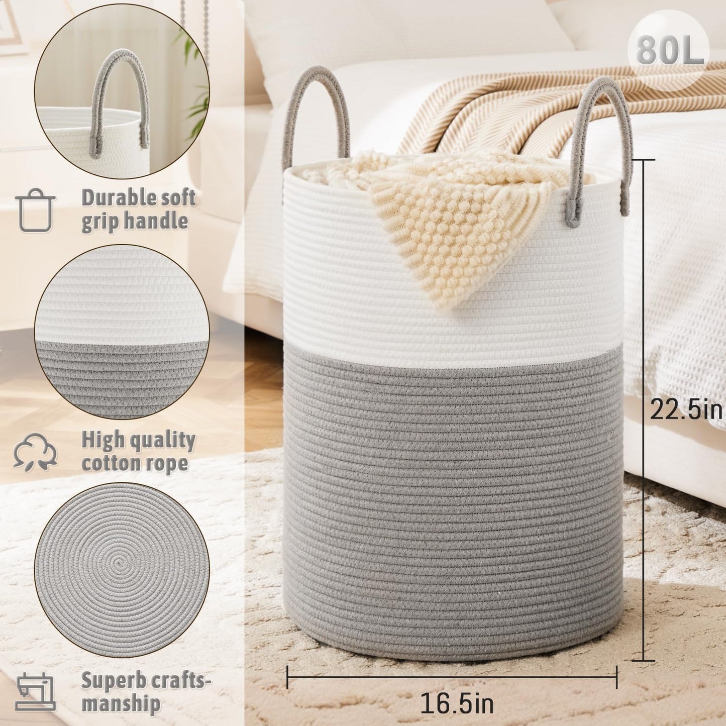 Laundry Basket,Woven Cotton Rope Laundry Hamper,80L for Decorative Storage of Dirty Clothes,Toys and Blankets in Bathroom,Baby Room and Living Room