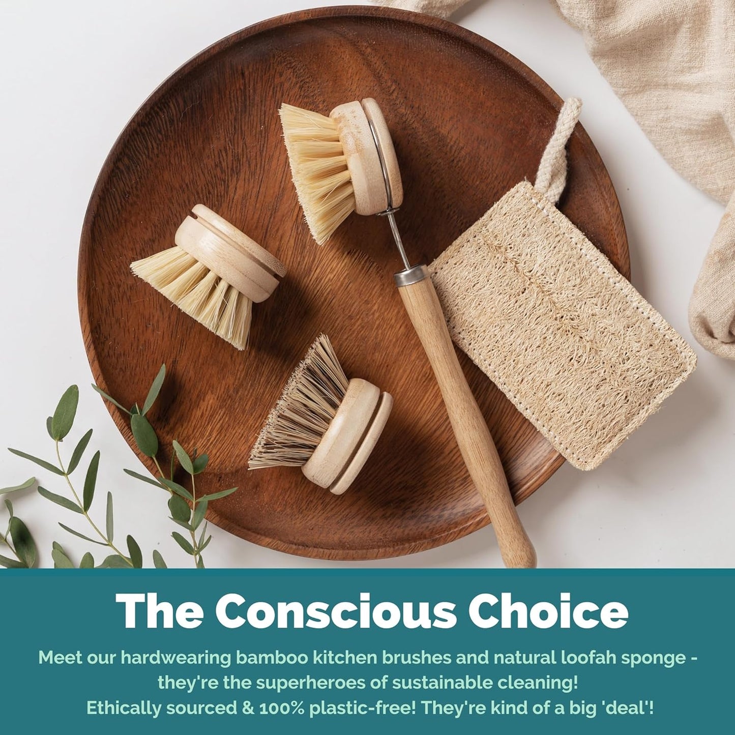 Jungle Culture 4 Piece Bamboo Dish Brush Set for Washing Up β’ Long Lasting Wooden Dish Brush with 3 Replacement Heads & Loofah Sponge Scourer β’ Eco Friendly Wooden Scrub Brush for Pots, Pans & Dishes