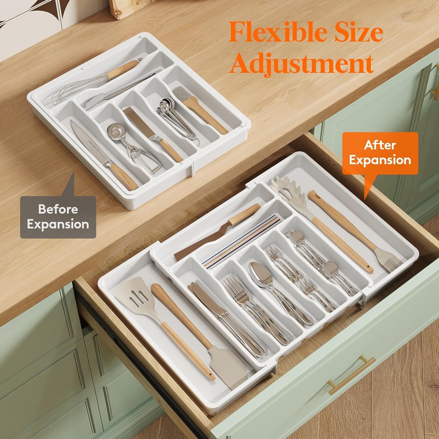Lifewit Silverware Drawer Organizer, Expandable Utensil Organizer for Kitchen Drawers, Adjustable Cutlery and Flatware Tray, Plastic Spoons Forks Knives Holder Storage Dividers, Large, White