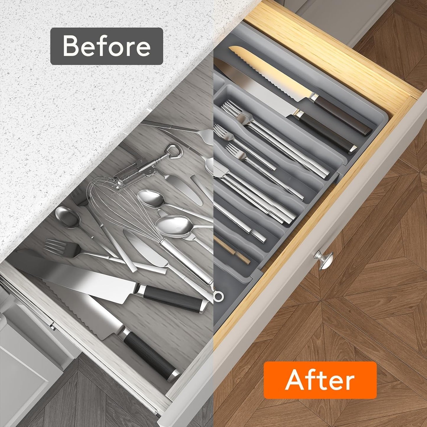 Lifewit Deep Silverware Drawer Organizer for Kitchen, Expandable Utensil Tray, Adjustable Flatware Cutlery Holder, Large Plastic Kitchen Storage for Spoons Forks Knives, 22.4 x 16.7 x 2 inches, Gray