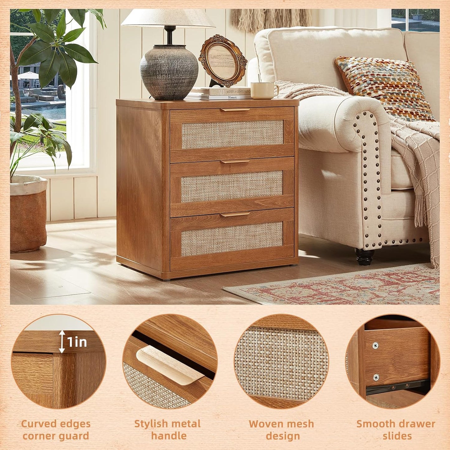 LEYAOYAO Rattan Night Stand with Drawers, 23" Large 3 Drawer Boho Nightstand, Natural Wood Bedside Table Storage Cabinet, Bed Side End Tables Dresser for Bedroom, Living Room, Hallway, Closet