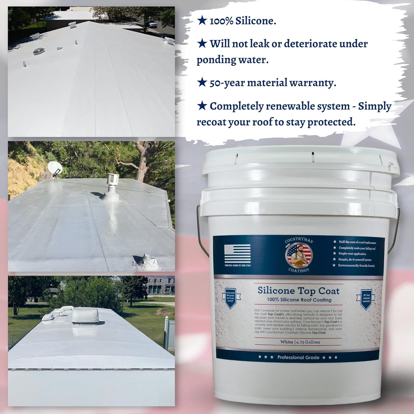 Countryman Coatings 100% Silicone Roof Coating - Restore Your Roof in a Day - Seal Leaks, Cracks, Seams, Penetrations - Adheres to All Surfaces (4.75 Gallon, White)