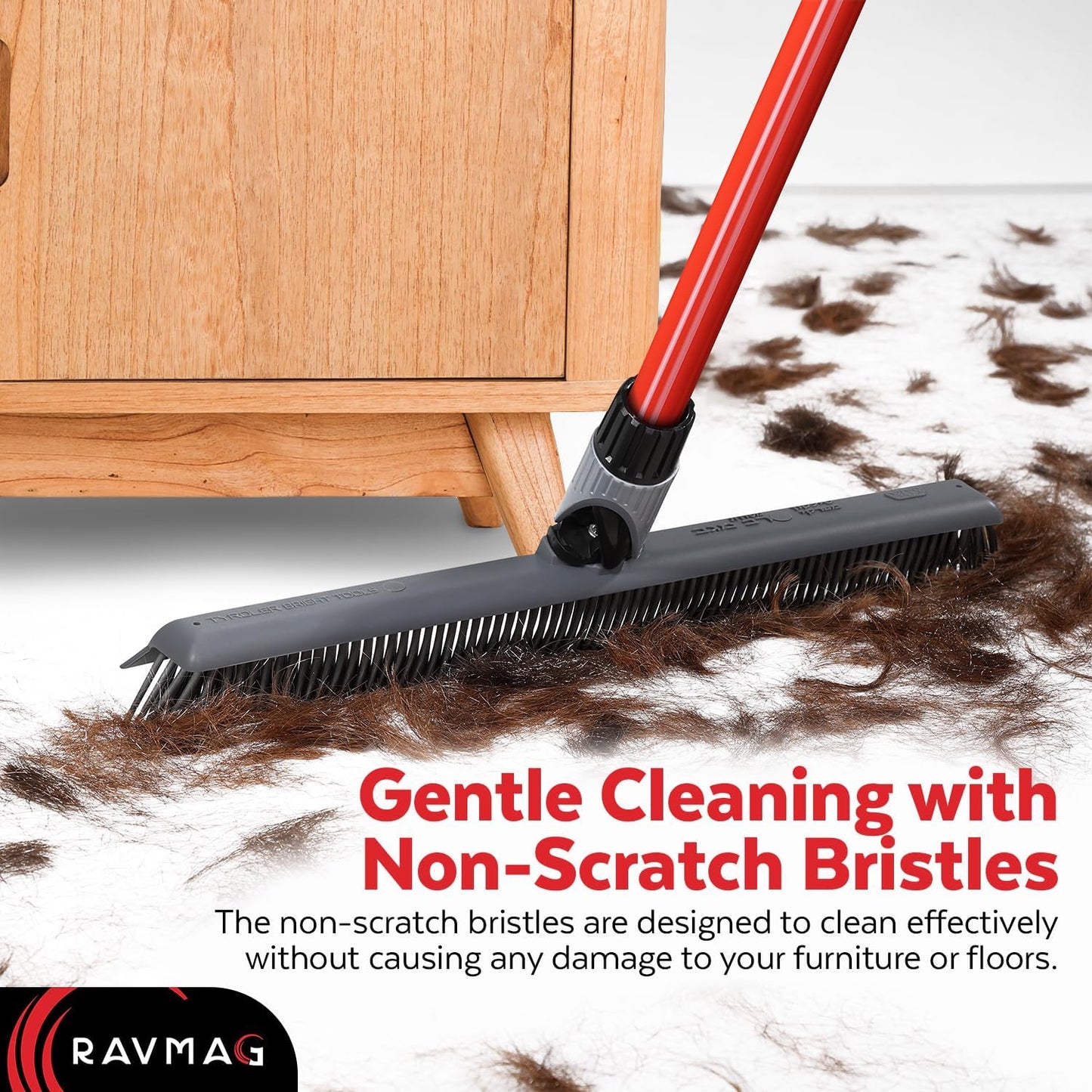 2-in-1 Silicone Rubber Broom Carpet Rake and Squeegee - Swivel Pet Hair Removal Broom with 1 Piece Long Handle - Slanted Side Bristles for Corners - Multipurpose Broom for Carpet, Hardwood Floor, Tile