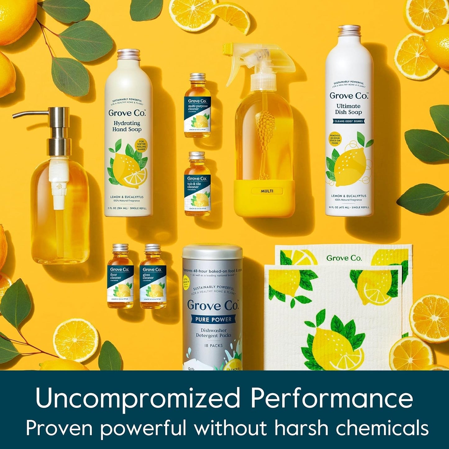 Grove Co. Multi Purpose Cleaner, Refill Concentrate (2 x 1 Oz) + Glass Spray Bottle (16 Oz), Plant-based Household Cleaning Supplies Bundle, No Plastic Waste, 100% Natural Lemon & Eucalyptus Scent