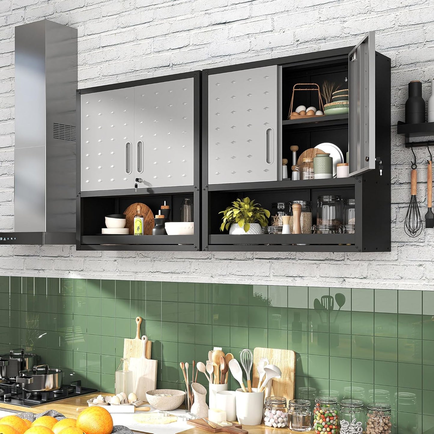Metal Wall Cabinets with Doors and Shelves Black and Gray Garage Cabinets Wall Mounted Adjustable Storage Shelving Floating Garage Tool Cabinet,Wall Cabinet for Warehouse/Basement/Kitchen