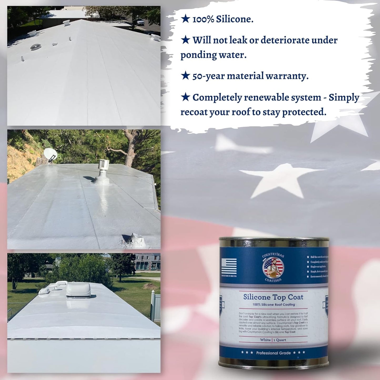 Countryman Coatings - 100% Silicone Roof Coating Restore Your Roof in a Day Seal Leaks, Cracks, Seams, Penetrations Adheres to All Surfaces (1 Quart, White)