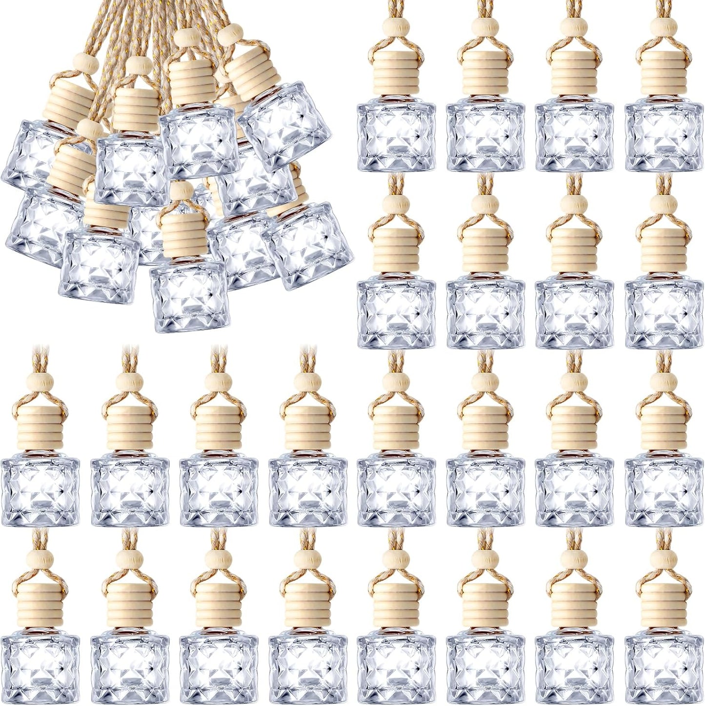 BBTO 50 Pcs Hanging Car Air Freshener Car Diffuser Bottles Empty Glass Perfume Bottle Freshener Diffuser Bottle Pendant for Essential Oil Fragrance Aromatherapy Bottle Ornament(Diamond)