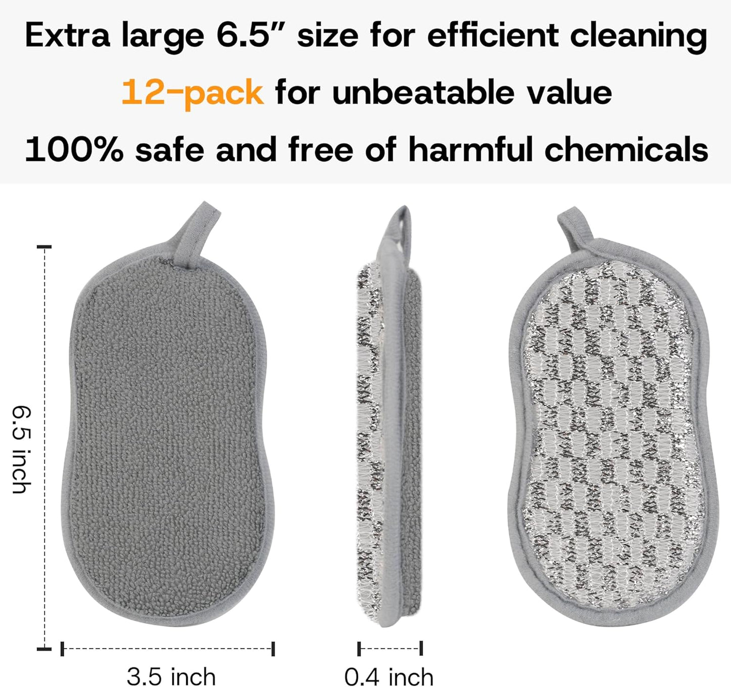 Multi-Purpose Scrub Kitchen Sponges – 12 Pack Dish Sponge, Dual-Sided Non-Scratch Microfiber & Metal Scrubber, Reusable Heavy Duty Sponges for Dishes, Pots, Glass, Sink, Stovetop & Bathroom