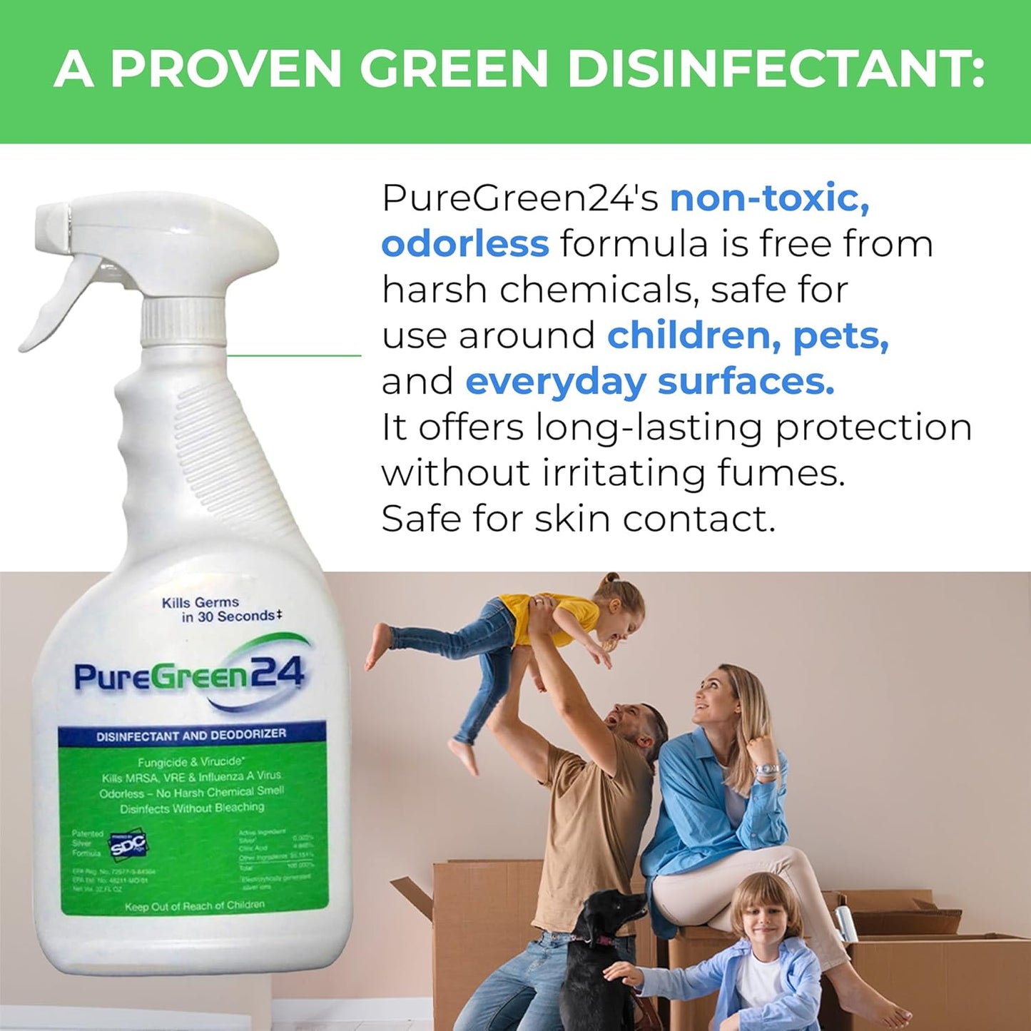 PureGreen24 Safe & Effective Disinfectant. Kills Deadly Germs including RSV COVID-19 Norovirus MRSA Staph 2025 flu Contains no toxic chemicals odorless child & pet safe 2 gallon bottles ready to use