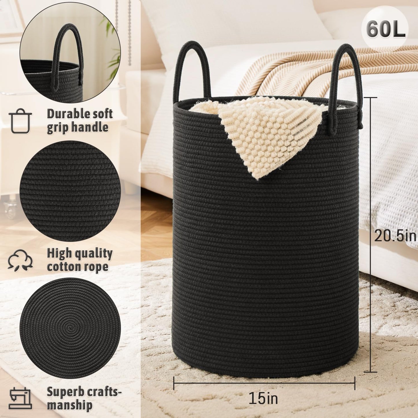 Laundry Basket,Woven Cotton Rope Laundry Hamper,60L for Decorative Storage of Dirty Clothes,Toys and Blankets in Bathroom,Baby Room and Living Room