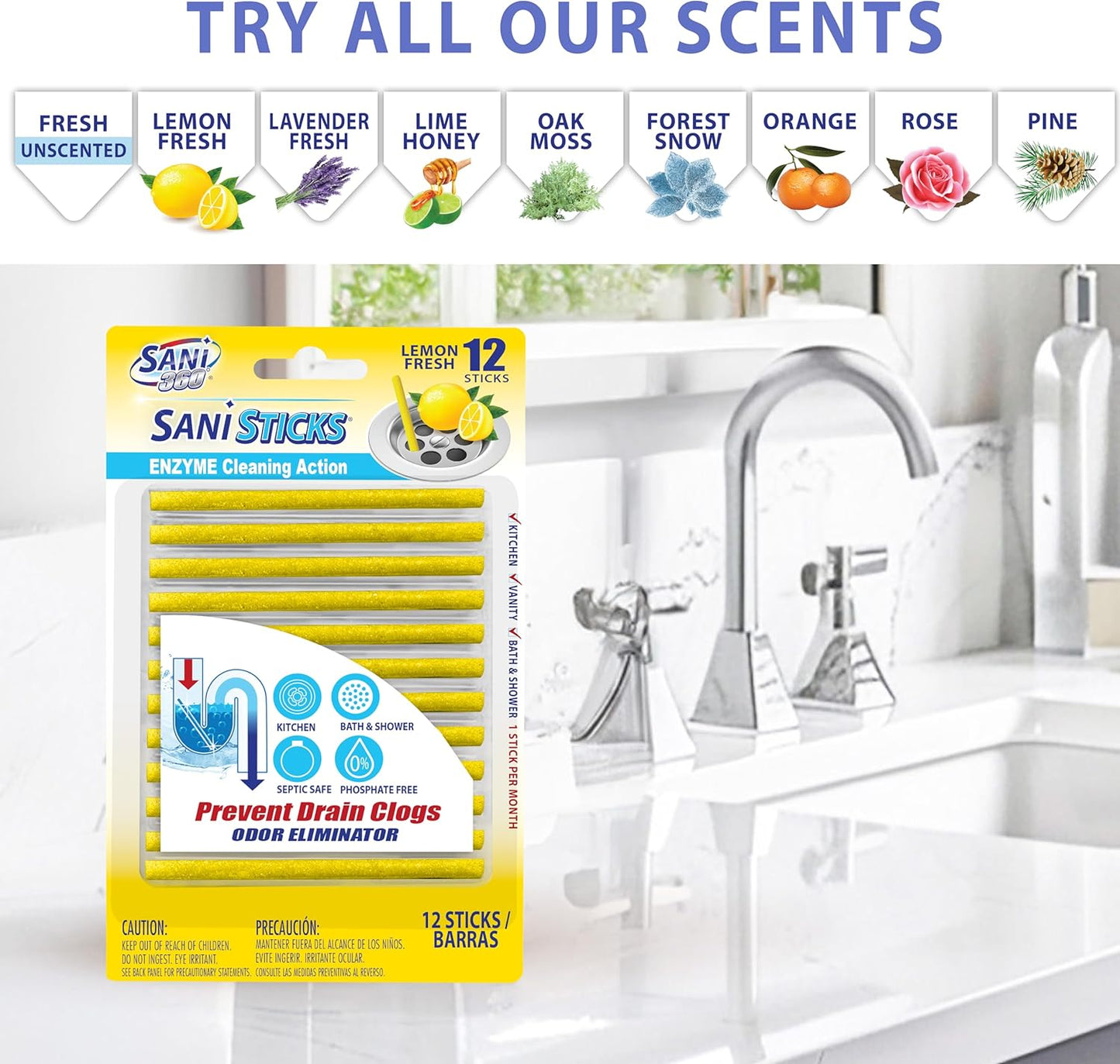 SANI 360° Sani Sticks Drain Cleaner and Deodorizer | Non-Toxic, Enzyme Formula to Eliminate Odors and Helps Prevent Clogged Drains | Septic Tank Safe (72 Count, Lemon)