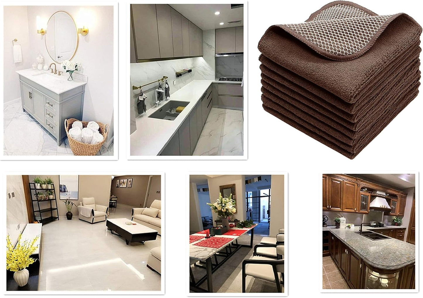 Microfiber Dish Cloths Fast Drying Kitchen Cleaning Cloth Dish Rags Dust Cloths Ultra Absorbent Lint Free Washcloths with Poly Scrub Side 12inch x 12inch 8 Pack (Brown)