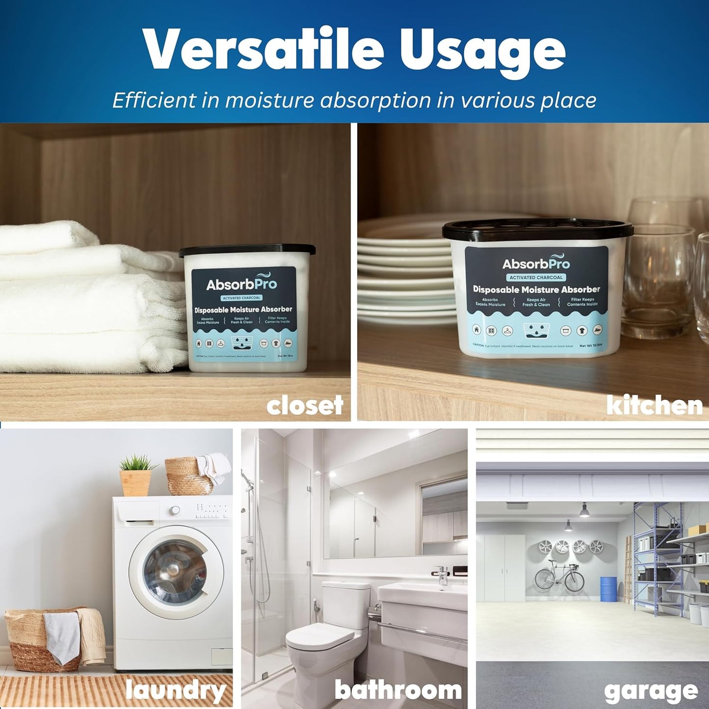 Moisture Absorber Tub with Activated Charcoal - 3-Pack - 18 oz Disposable Odor Eliminator Box & Dehumidifier for Garage, Home, Kitchen, Bedroom, Bathroom, Closet, Cars, and Boats