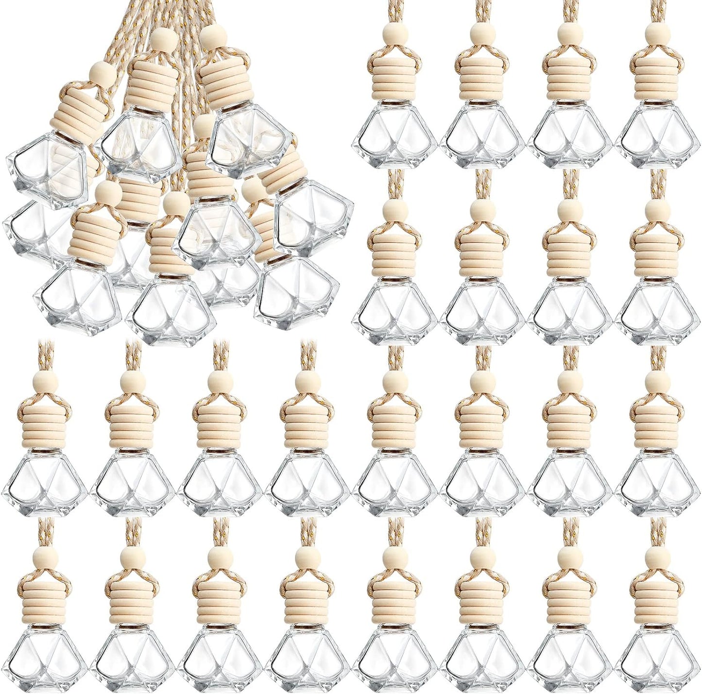 BBTO 50 Pcs Hanging Car Air Freshener Car Diffuser Bottles Empty Glass Perfume Bottle Freshener Diffuser Bottle Pendant for Essential Oil Fragrance Aromatherapy Bottle Ornament(Rhombus)