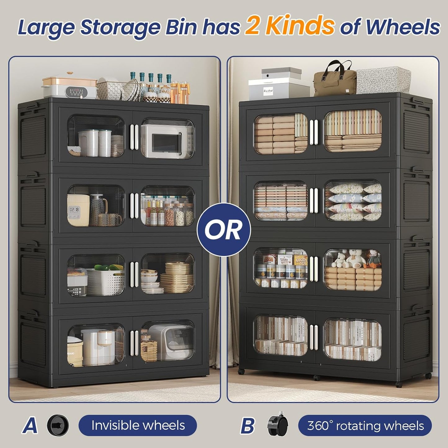 150GAL Extra Large Storage Bins with Lid, 600QT Storage Bins with Wheels, Folding Closet Organizer, Stackable Collapsible Plastic Storage Containers for Home, Office, Dorm, 3Pack Black