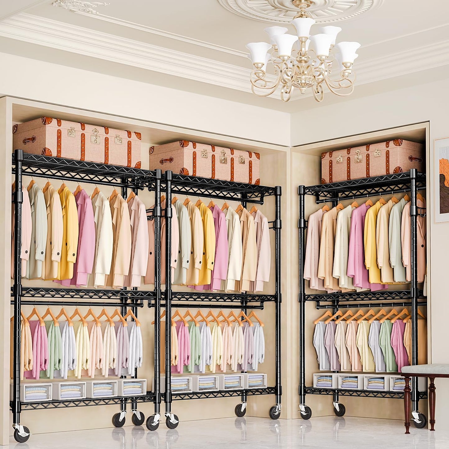 Heavy Duty Rolling Garment Rack 3 Tiers Adjustable Wire Shelving Clothes Rack with 2 Rods and Side Hooks, Storage Closet Clothing Rack with Wheels Black 17.7" D x 47.2" W x 83.6" H