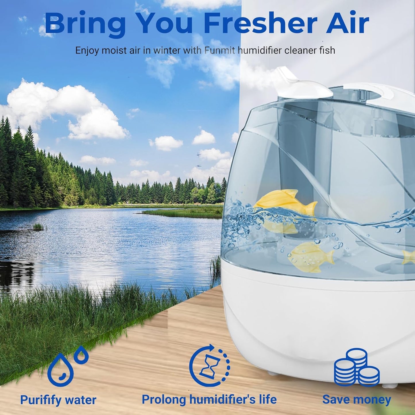 12 Pack Universal Humidifier Cleaner Fish Compatible with Almost All Humidifiers and Fish Tanks, Equipped with Silver Ion Filter Balls, Prevents Hard Water Build-Up, Reduces Scale, Yellow