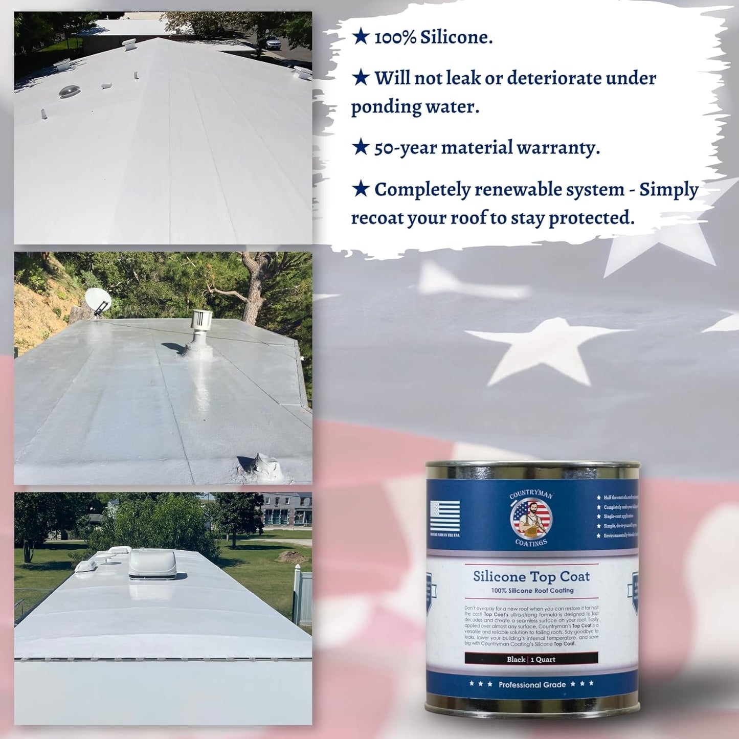 Countryman Coatings - 100% Silicone Roof Coating - Restore Your Roof in a Day - Seal Leaks, Cracks, Seams, Penetrations - Adheres to All Surfaces (1 Quart, Black)