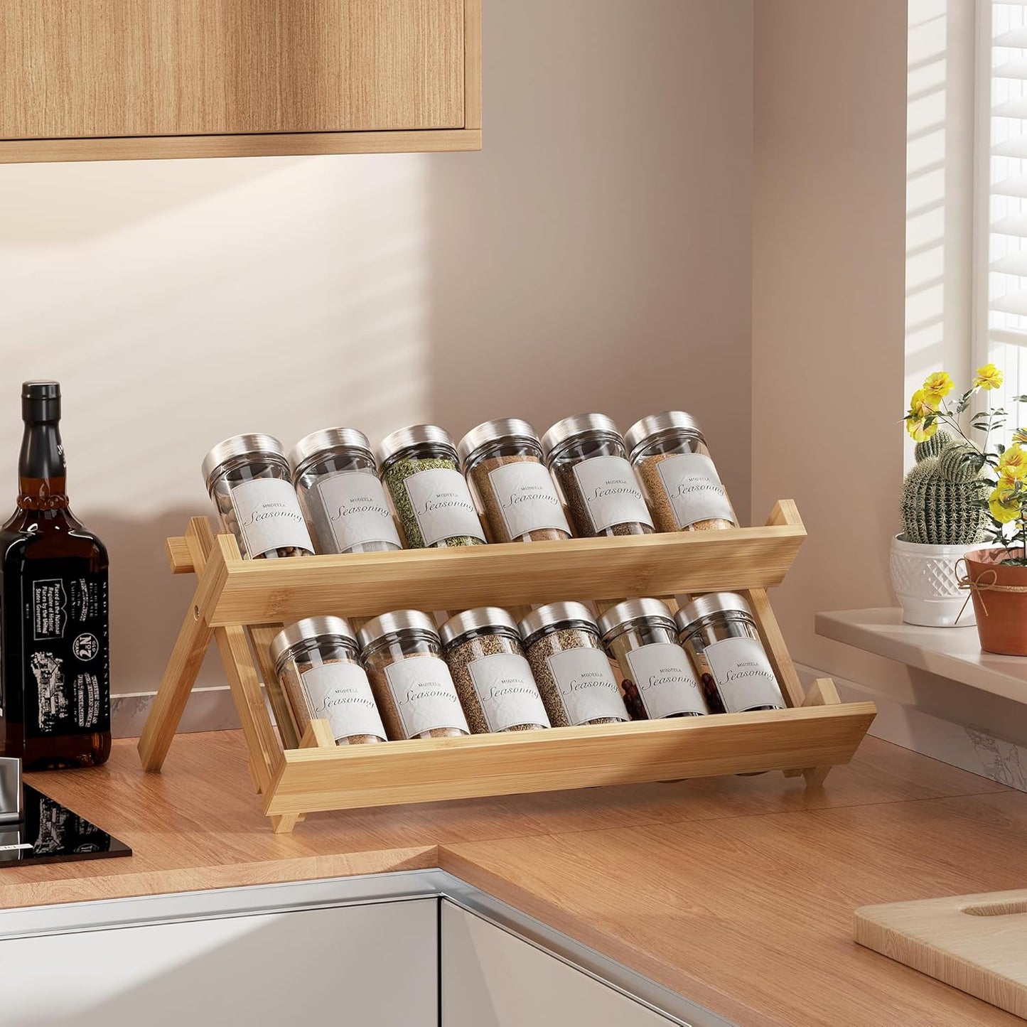 MUDEELA Bamboo Spice Rack Organizer for Cabinet, X-Shaped Foldable Spice Organization, 2 Tier Seasoning Organizer for Kitchen Counter