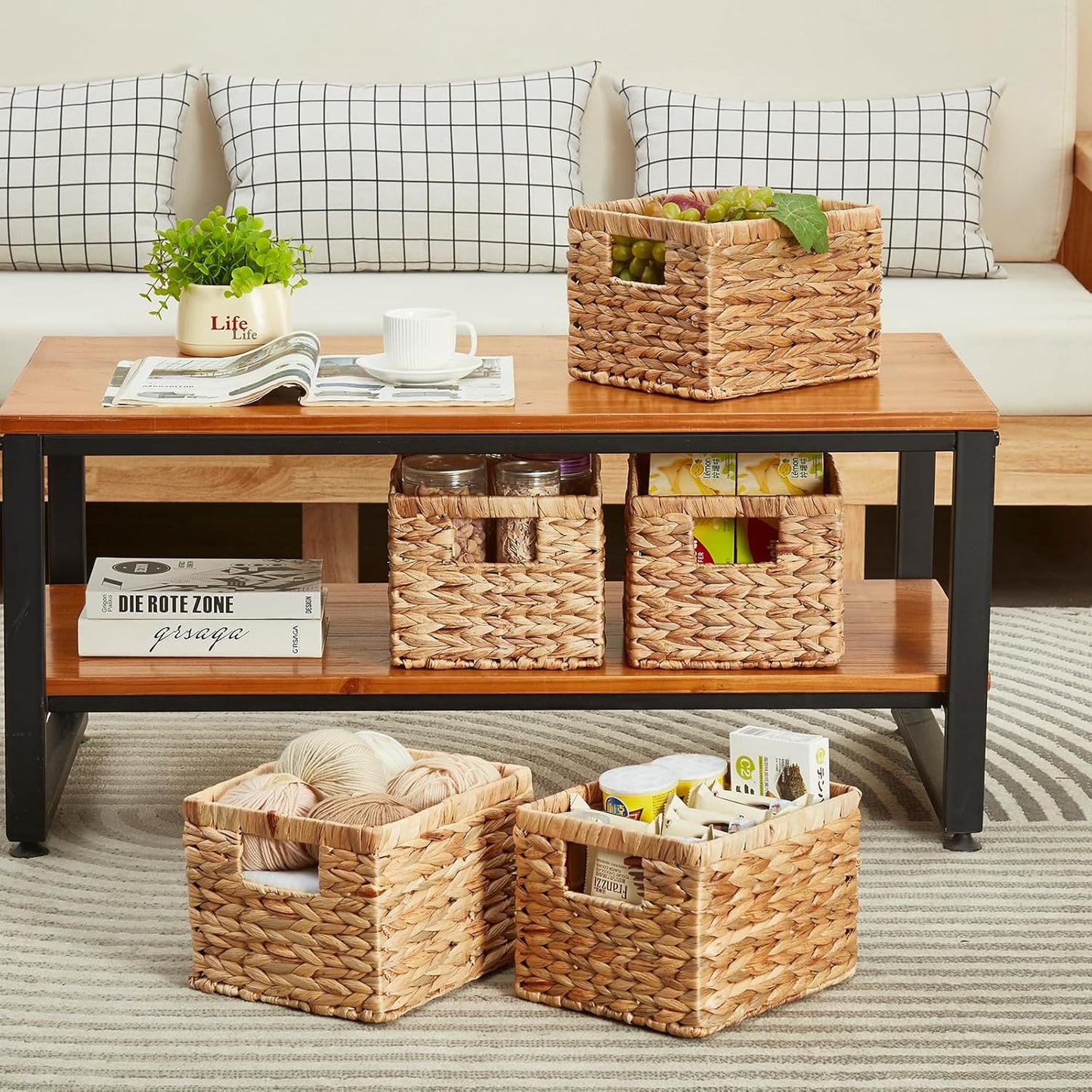 Water Hyacinth Wicker Basket, Decorative Woven Baskets with Built-in Handles, Hand-woven Storage Organizer for Organizing Pantry, Livingroom, Bedroom, Shelves, Toilet(2-PACK, Natural)