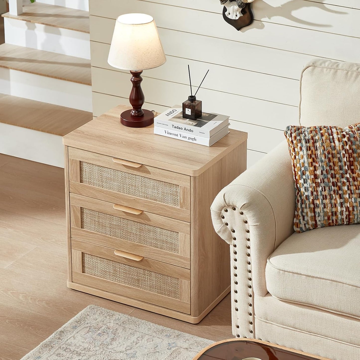 LEYAOYAO Rattan Night Stand with Drawers, 23" Large 3 Drawer Boho Nightstand, Natural Wood Bedside Table Storage Cabinet, Bed Side End Tables Dresser for Bedroom, Living Room, Hallway, Closet