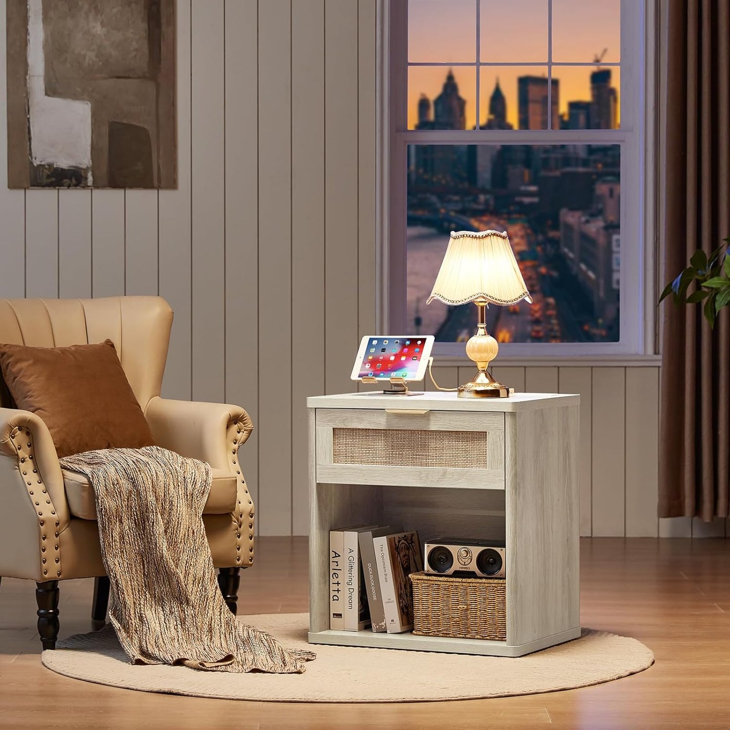 LEYAOYAO Rattan Nightstand with Charging Station, 23" Wide Boho Night Stand with Drawer, Grey White Bedside Table Open Storage Cabinet, Bed Side End Tables Dresser for Bedroom, Living Room, Hallway