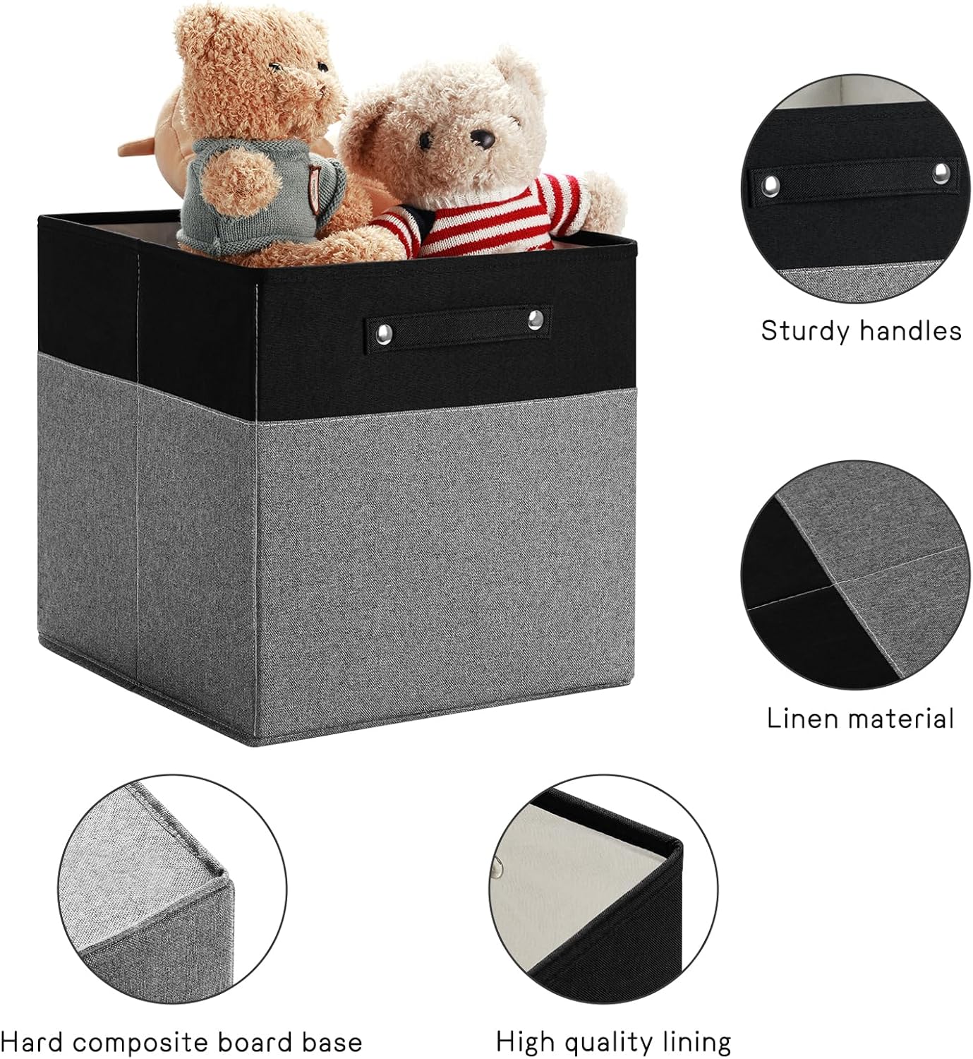 13 x 13 Inch Fine Linen Storage Bins with Handles,Fabric Cube Boxs,Collapsible Basket Organizers for Shelves for Home, Closet Drawers (Black/Gray-4 Pack)