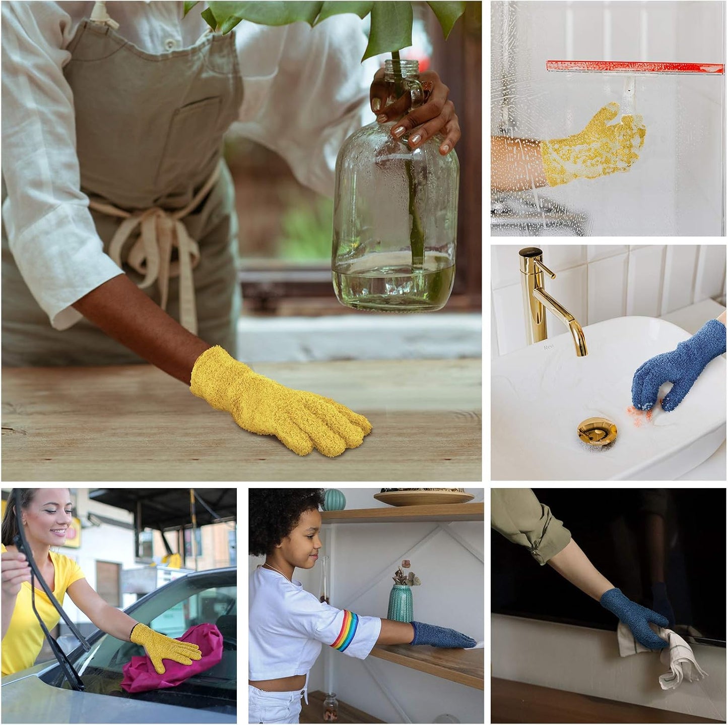 Patelai 2 Pairs Microfiber Gloves for plants Dusting Cleaning Glove Mittens House Cars Blinds Dusting(Yellow, Dark Blue, Large)