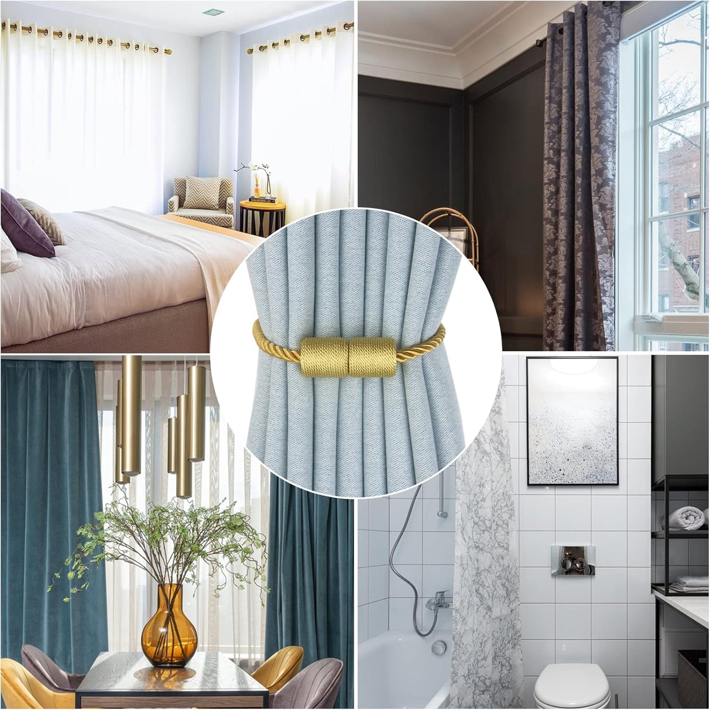 Magnetic Curtain Tiebacks 4 Pack Gold Curtain Rope Tieback Curtain Holders for Drapes Modern Tie Backs Decorative Curtain Holdbacks