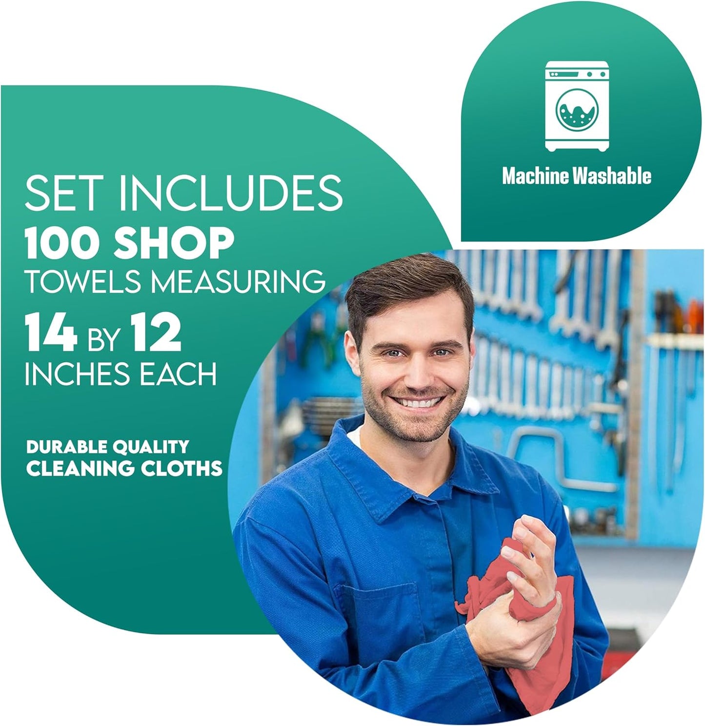 ZUPERIA Cotton Shop Towel – Multipurpose Cleaning Cloths (14" x 12" - Pack of 100 - Red) Reusable Shop Rags for Automobiles, Industrial, Restaurants, Garage, and Homes