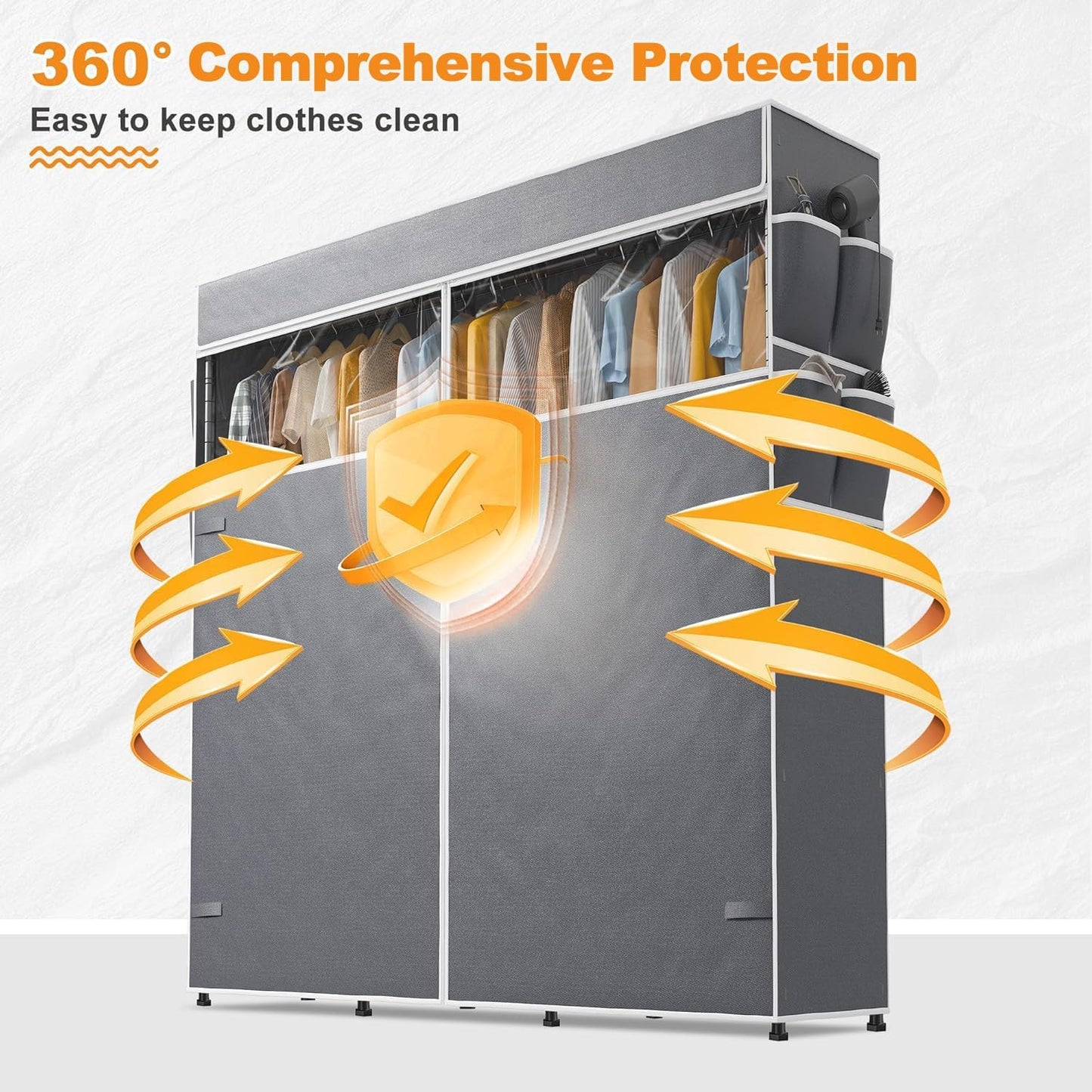 Raybee Heavy Duty Clothes Rack with Cover, 81" H Clothing Racks for Hanging Clothes, Portable with Wheels and Adjustable Feet, Max Load 440LBS, White