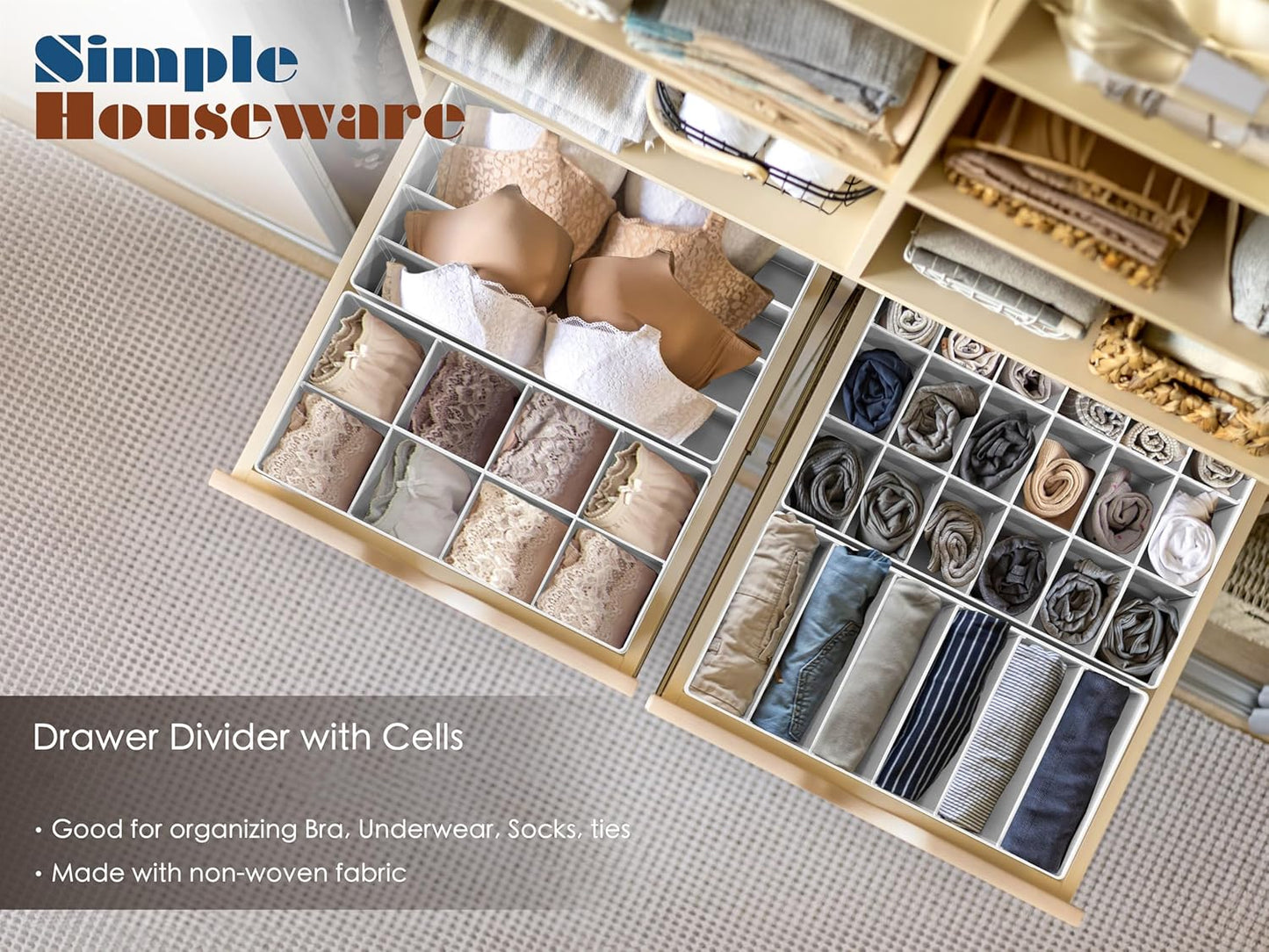 Simple Houseware 4-Pack Drawer Organizer Set - Closet Dividers for Underwear, Socks, Bras, Scarves, Ties - Foldable Non-Woven Storage Boxes, Gray