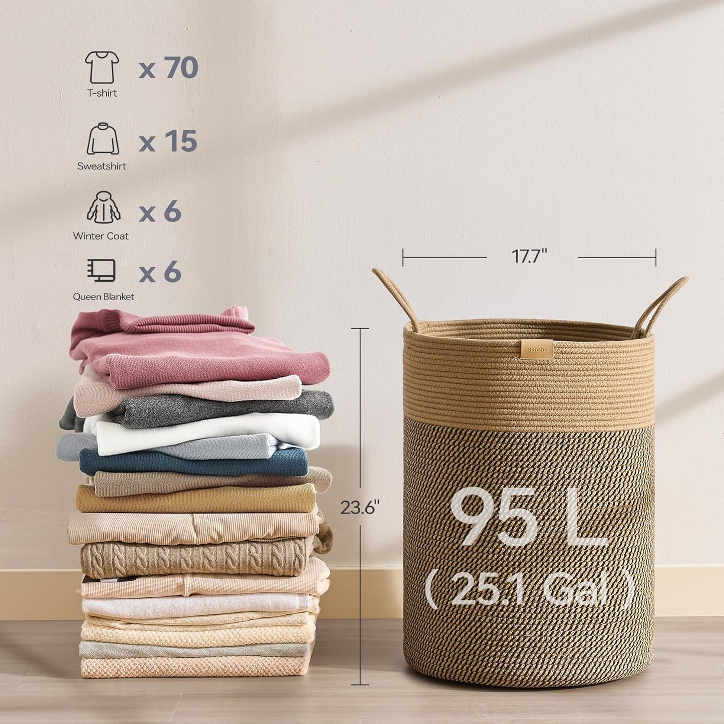 Laundry Hamper 95L,Large Laundry Basket for Clothes,Decorative Storage Basket for Blankets,Cotton Rope Woven basket for bedroom,Dark Brown