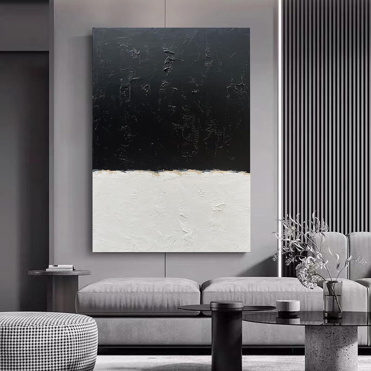 NANKAI Hand-Painted Black and White Wall Art, Minimalist Abstract Painting, Large Oil on Canvas Texture Wall Art, Office Art Contemporary Art 45x30 inches