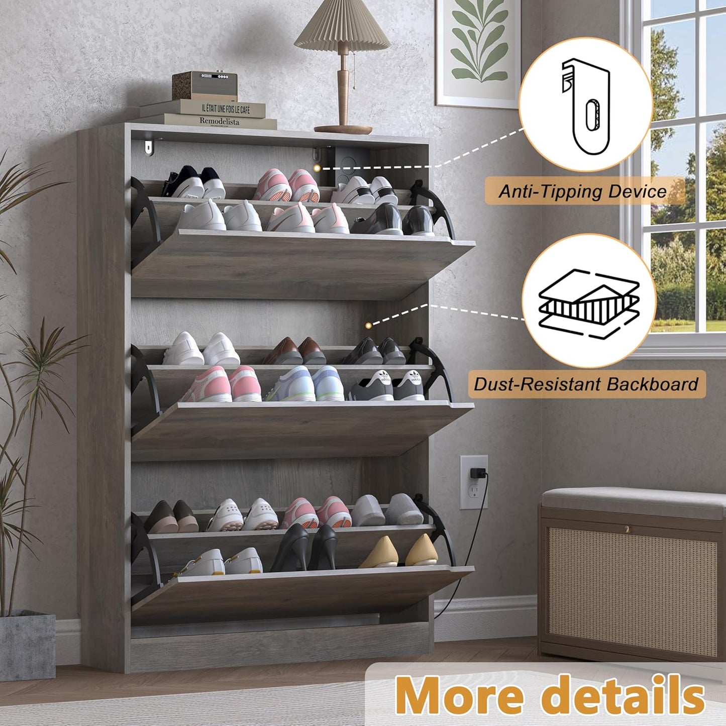 Shoe Cabinet with Odor Control and Back Panels, Deodorizing Slim 3-Flip Shoe Storage Cabinet for Entryway, Freestanding Hidden Shoe Rack Organizer for Entrance, Hallway, Bedroom