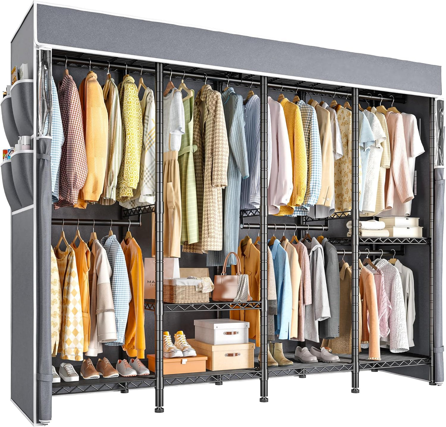 Raybee Clothes Rack with Cover,1150LBS Heavy Duty Clothing Rack for Hanging Clothes,Adjustable Portable,18" D x 76" W x 77" H,Black