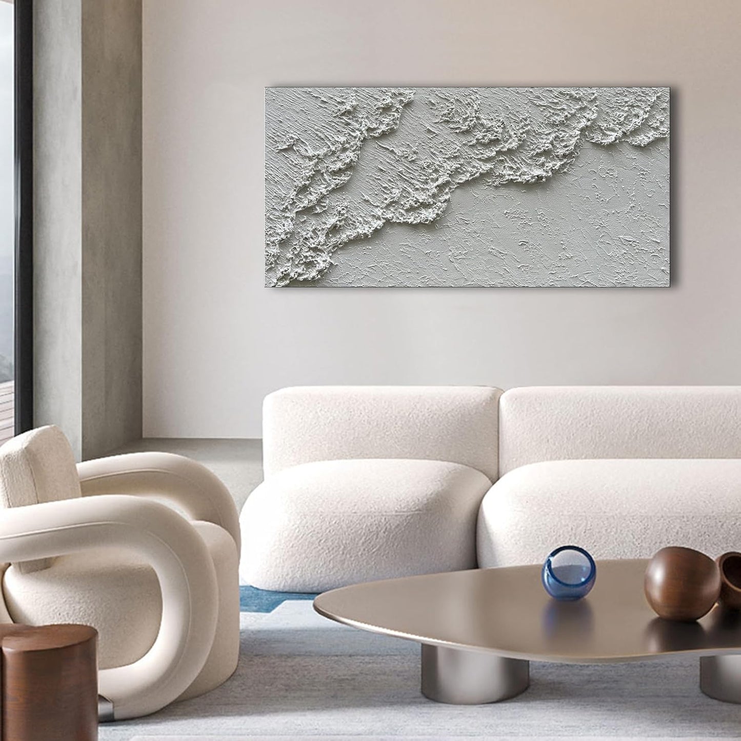 NANKAI Hand Painted White Minimalist Art Painting Ocean Waves Abstract Canvas Oil Painting Home Wall Decoration Art 24x48 Inchs