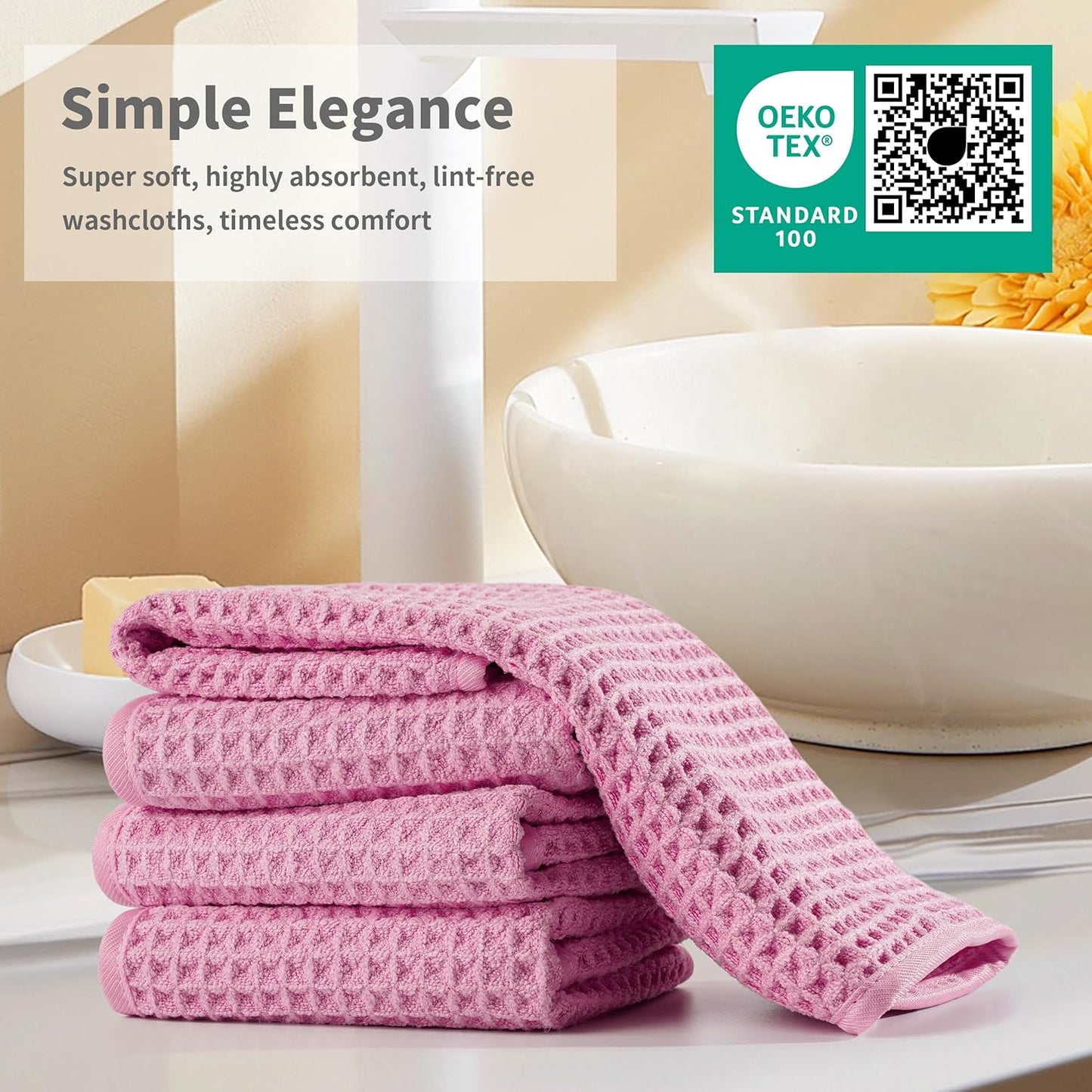 Microfiber Waffle Face Towels, 2 Pieces, Soft, Absorbent, Fast Drying, Lint Free (Pink)