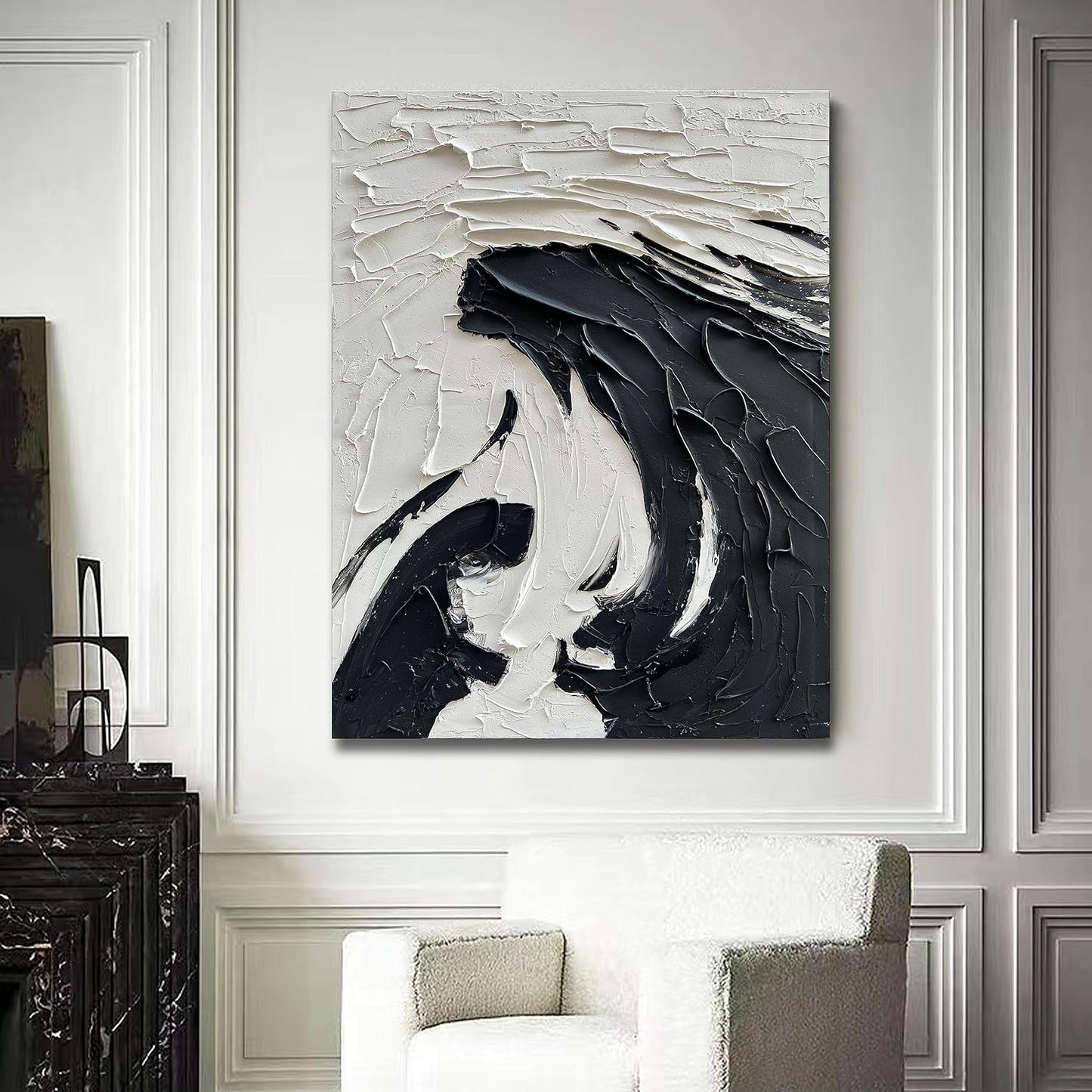 NANKAI 40x28 inch Minimalist Black and White Abstract Painting 100% Hand-Painted Modern Wall Deco Art Modern Abstract Oil Painting Art Wall Decoration